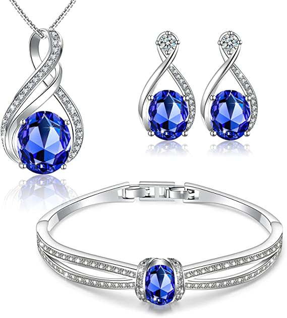 Menton Ezil Charming Nobile Crystal Jewelry Sets with Sapphire Blue Necklace 18K White Gold Bracelet Earrings for Women